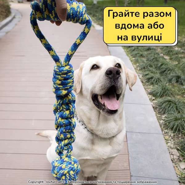 Іграшка для собак канат з м'ячем та ручкою Ropix 43 см натуральна бавовна червоний з зеленим 001835 фото
