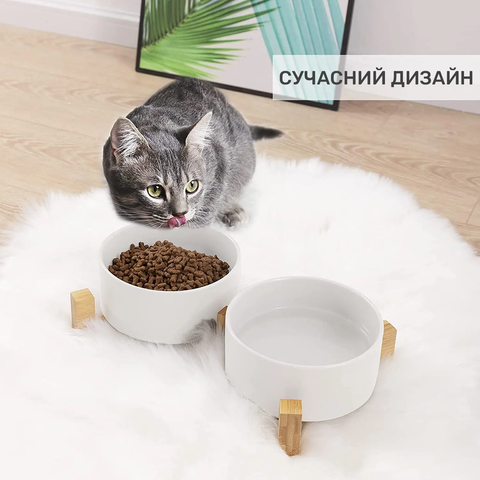 PetJoy Миска тройная керамическая на подставке для кошек и маленьких собак, коричневый / бежевый